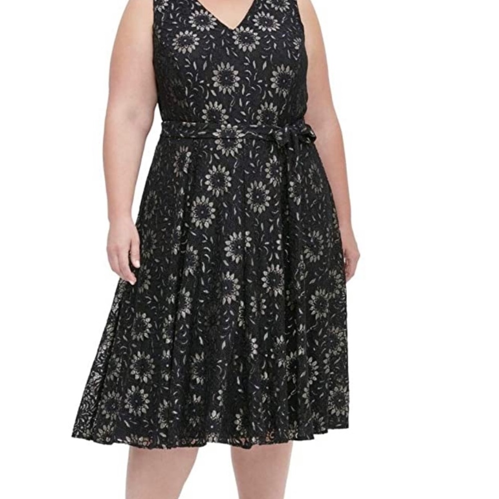 Tommy Hilfiger Black Silver Pleated Midi Dress